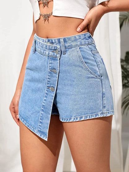 TAMBREET  Irregular Denim Shorts Skirt Women High Waist Button Pocket Mini Skirts 2024 Spring Summer Casual Solid Female Short Pants New