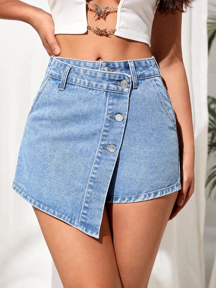 TAMBREET  Irregular Denim Shorts Skirt Women High Waist Button Pocket Mini Skirts 2024 Spring Summer Casual Solid Female Short Pants New