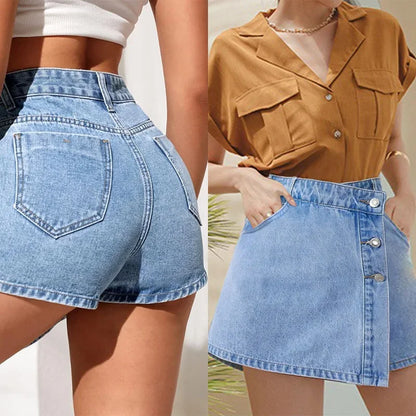 TAMBREET  Irregular Denim Shorts Skirt Women High Waist Button Pocket Mini Skirts 2024 Spring Summer Casual Solid Female Short Pants New