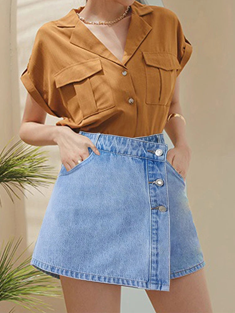 TAMBREET  Irregular Denim Shorts Skirt Women High Waist Button Pocket Mini Skirts 2024 Spring Summer Casual Solid Female Short Pants New