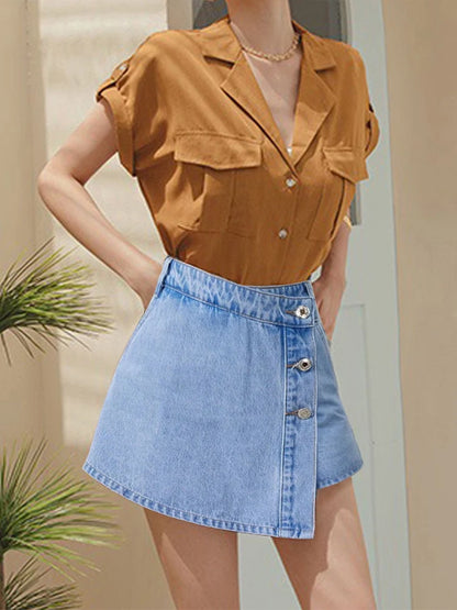 TAMBREET  Irregular Denim Shorts Skirt Women High Waist Button Pocket Mini Skirts 2024 Spring Summer Casual Solid Female Short Pants New