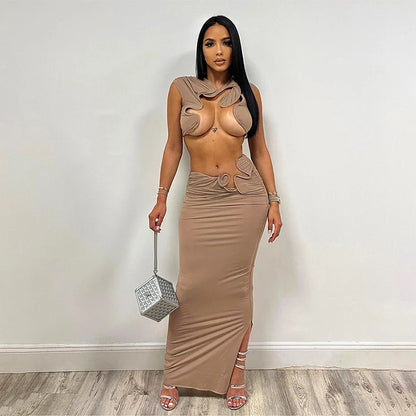 TAMBREET Irregular Sexy Hot Skirts Set Women Solid Sleeveless Crop Top Bodycon Maxi Skirts Matching Set 2024 Summer Sexy Club 2 Piece Set