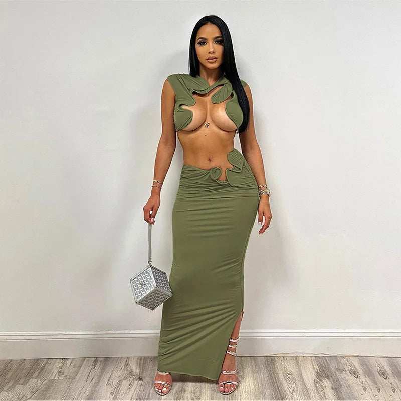 TAMBREET Irregular Sexy Hot Skirts Set Women Solid Sleeveless Crop Top Bodycon Maxi Skirts Matching Set 2024 Summer Sexy Club 2 Piece Set