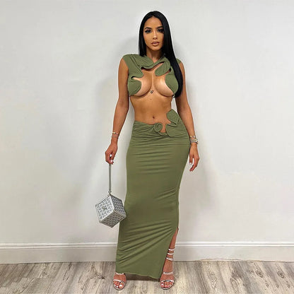 TAMBREET Irregular Sexy Hot Skirts Set Women Solid Sleeveless Crop Top Bodycon Maxi Skirts Matching Set 2024 Summer Sexy Club 2 Piece Set