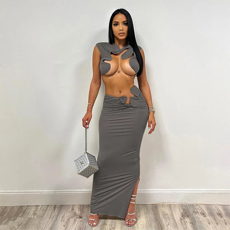 TAMBREET Irregular Sexy Hot Skirts Set Women Solid Sleeveless Crop Top Bodycon Maxi Skirts Matching Set 2024 Summer Sexy Club 2 Piece Set