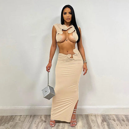 TAMBREET Irregular Sexy Hot Skirts Set Women Solid Sleeveless Crop Top Bodycon Maxi Skirts Matching Set 2024 Summer Sexy Club 2 Piece Set