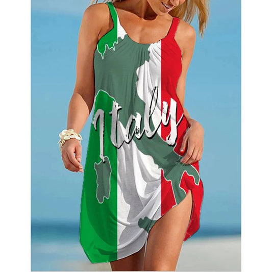 TAMBREET Italy Flag Dress Women Fashion Beach Strap Dress Bohemian Sleeveless Midi Dresses Party Evening Elegant Sundress Portugal 2024