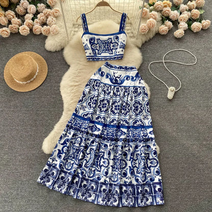 TAMBREET JAMERARY Summer Runway Blue And White Porcelain Two Piece Set Women Flower Print Short Crop Top + Holiday Beach Maxi Skirt Suits