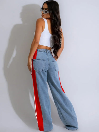 TAMBREET JRRY Casual Women Striped Denim Pants Buttons Pockets Long Loose Three Stripes Jeans High Street Outdoor Denim Capris Trousers