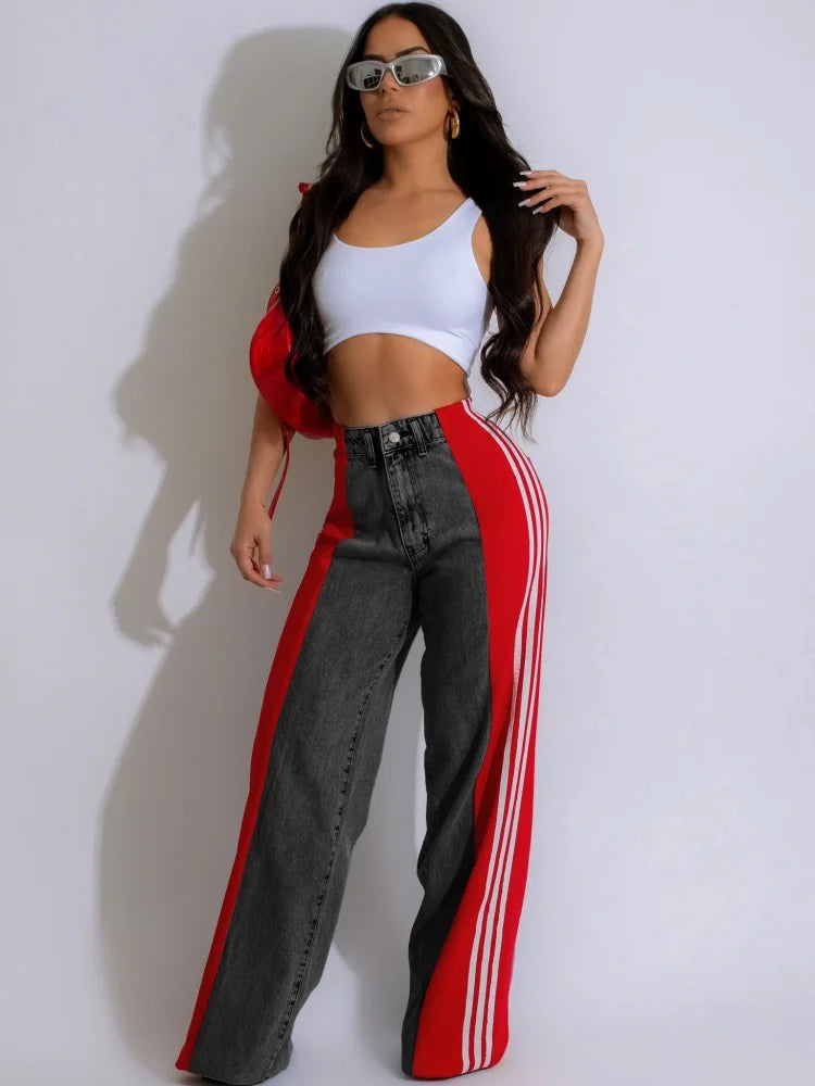 TAMBREET JRRY Casual Women Striped Denim Pants Buttons Pockets Long Loose Three Stripes Jeans High Street Outdoor Denim Capris Trousers