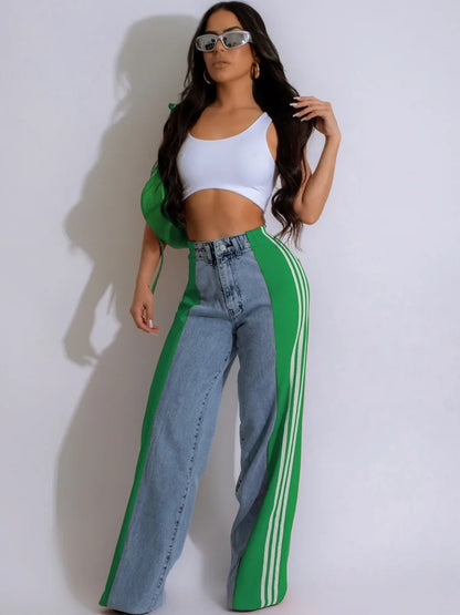 TAMBREET JRRY Casual Women Striped Denim Pants Buttons Pockets Long Loose Three Stripes Jeans High Street Outdoor Denim Capris Trousers