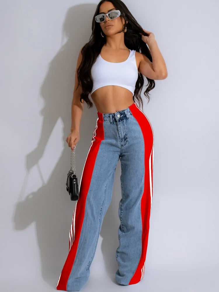 TAMBREET JRRY Casual Women Striped Denim Pants Buttons Pockets Long Loose Three Stripes Jeans High Street Outdoor Denim Capris Trousers