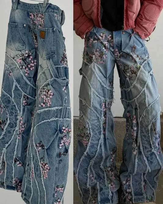 TAMBREET Japanese Harajuku Cherry Blossom Embroidery Holes Retro Blue Jeans Female Y2K New Harajuku Hip Hop Gothic Joker Wide-Leg Pants