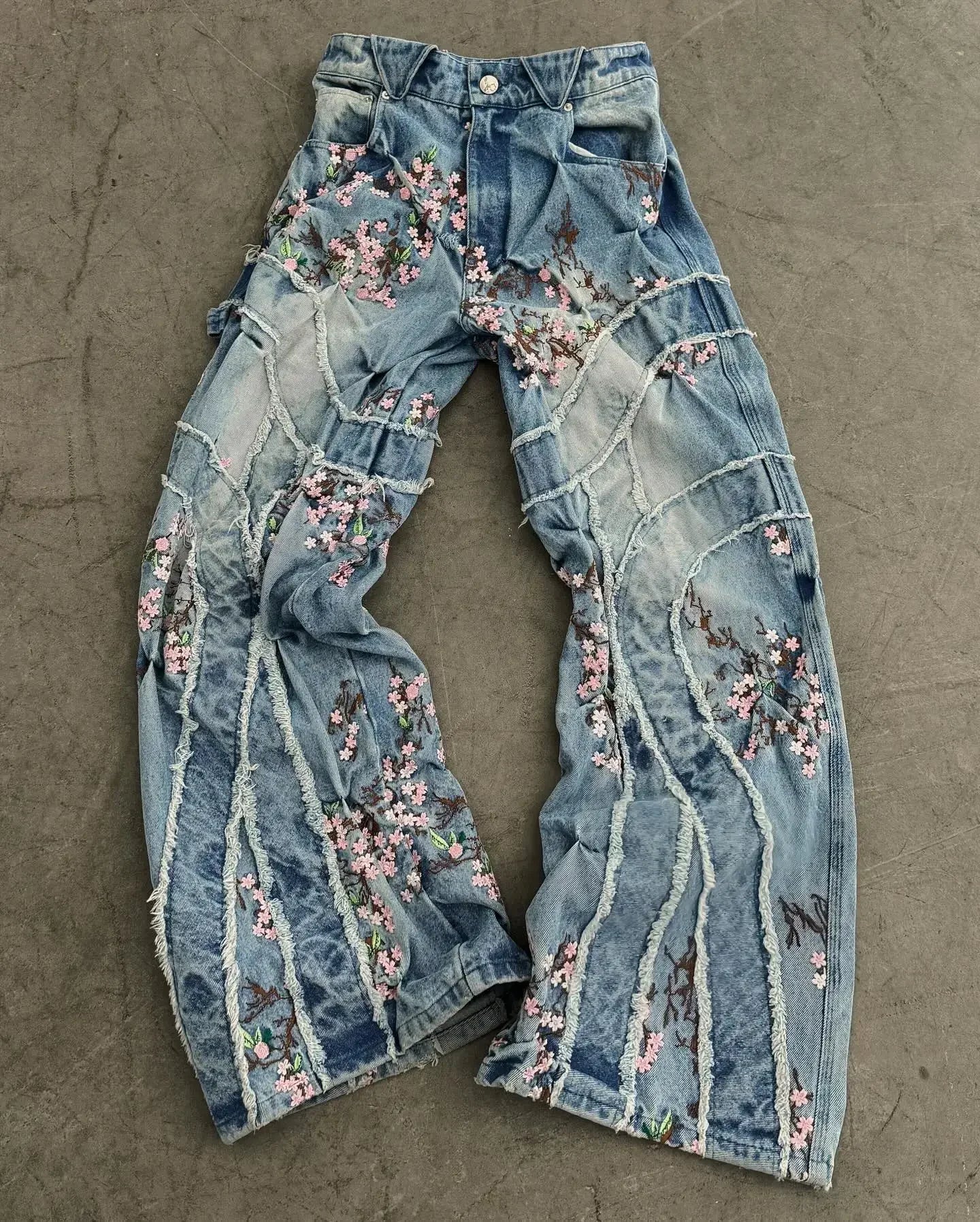 TAMBREET Japanese Harajuku Cherry Blossom Embroidery Holes Retro Blue Jeans Female Y2K New Harajuku Hip Hop Gothic Joker Wide-Leg Pants