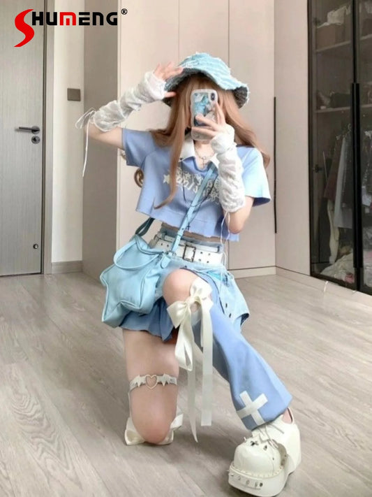 TAMBREET Japanese Street SubCulture Hot Girl Sets Short Sleeve T-shirt Denim Stitching Irregular Cake Skirts 2 Piece Sets Women Outfits