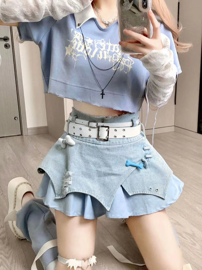 TAMBREET Japanese Street SubCulture Hot Girl Sets Short Sleeve T-shirt Denim Stitching Irregular Cake Skirts 2 Piece Sets Women Outfits