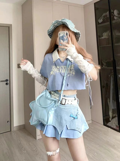 TAMBREET Japanese Street SubCulture Hot Girl Sets Short Sleeve T-shirt Denim Stitching Irregular Cake Skirts 2 Piece Sets Women Outfits