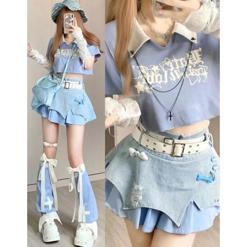 TAMBREET Japanese Street SubCulture Hot Girl Sets Short Sleeve T-shirt Denim Stitching Irregular Cake Skirts 2 Piece Sets Women Outfits