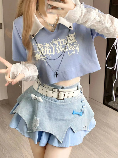 TAMBREET Japanese Street SubCulture Hot Girl Sets Short Sleeve T-shirt Denim Stitching Irregular Cake Skirts 2 Piece Sets Women Outfits