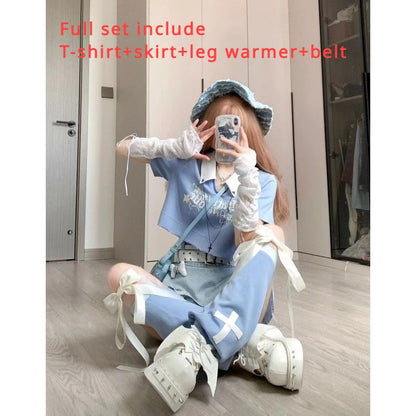 TAMBREET Japanese Street SubCulture Hot Girl Sets Short Sleeve T-shirt Denim Stitching Irregular Cake Skirts 2 Piece Sets Women Outfits