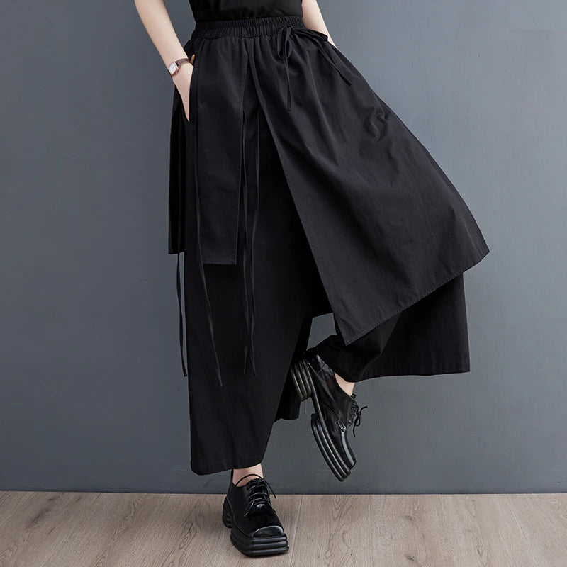 TAMBREET Japanese Yamamoto Dark Black Style Chic Girls Spring Summer Wide Leg Pants High Waist Fashion Ladies Culottes Women Casual Pants