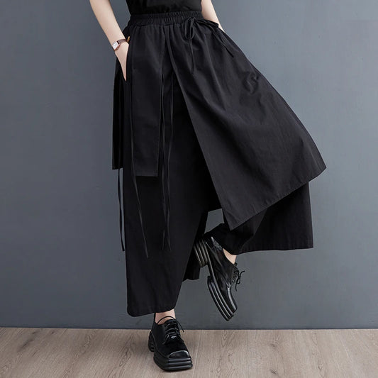 TAMBREET Japanese Yamamoto Dark Black Style Chic Girls Spring Summer Wide Leg Pants High Waist Fashion Ladies Culottes Women Casual Pants