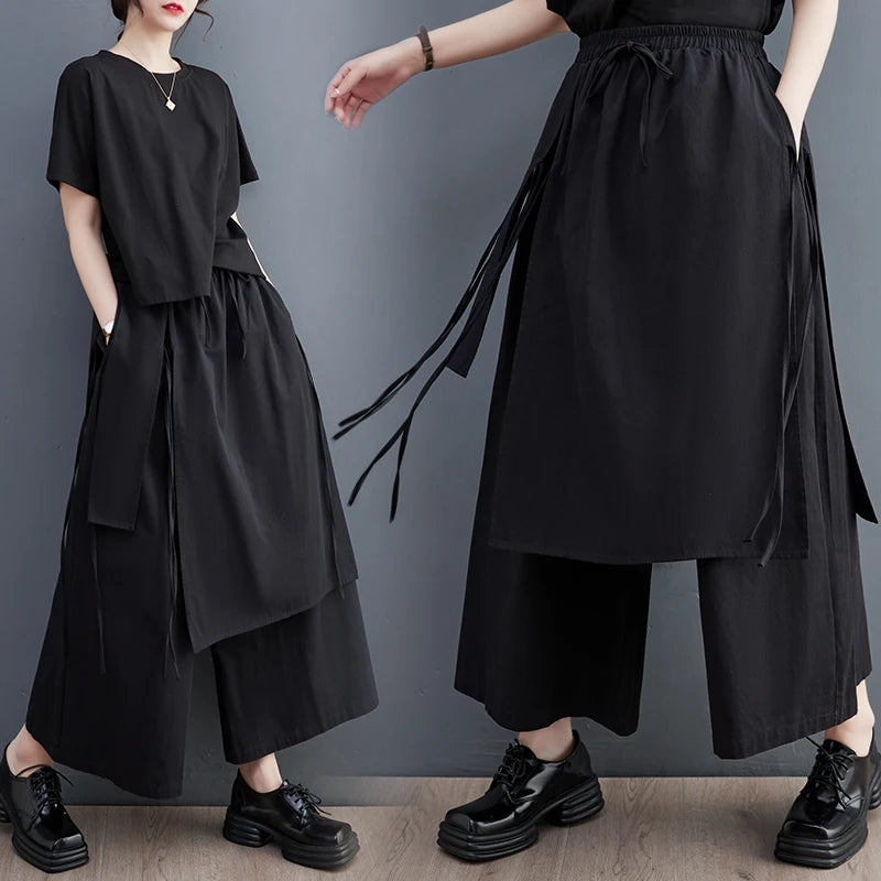 TAMBREET Japanese Yamamoto Dark Black Style Chic Girls Spring Summer Wide Leg Pants High Waist Fashion Ladies Culottes Women Casual Pants