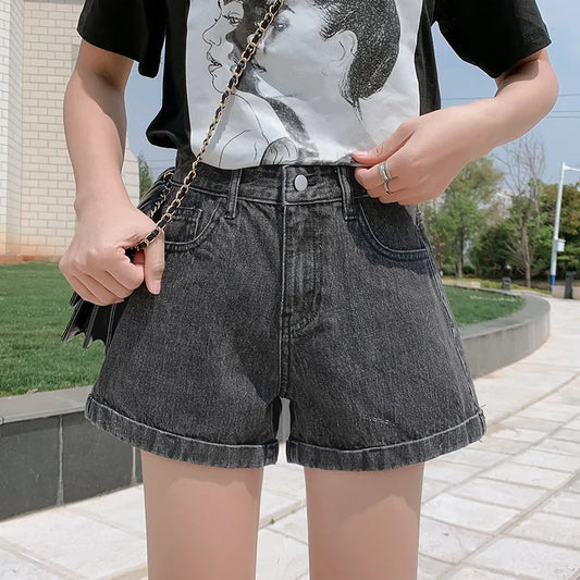 TAMBREET Jean Shorts Women 2024 Summer High Waist Button Straight Womens Denim Short Korean Fashion Casual Ladies Pocket Shorts Femme