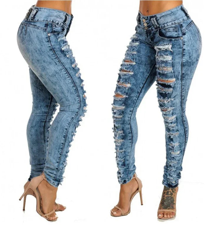 TAMBREET Jeans Ankle Length Women Pencil Denim Hole Pants Ripped Pockets High Waist Jean Skinny Streetwear Button Washed Distressed