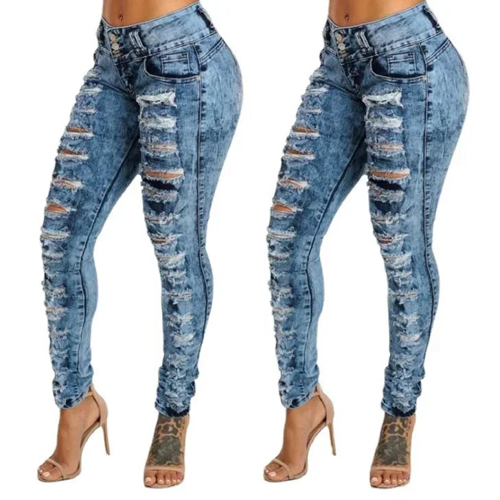 TAMBREET Jeans Ankle Length Women Pencil Denim Hole Pants Ripped Pockets High Waist Jean Skinny Streetwear Button Washed Distressed