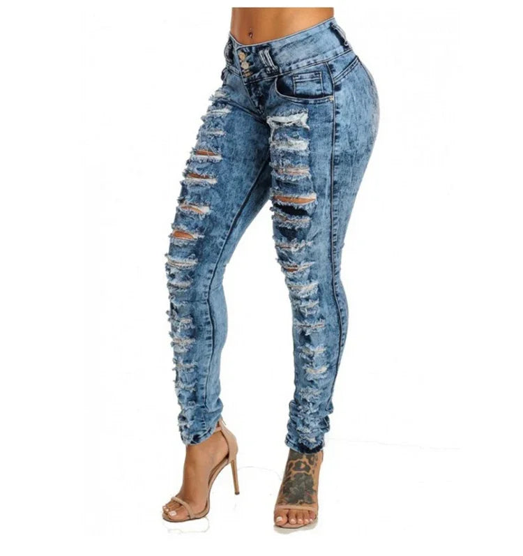 TAMBREET Jeans Ankle Length Women Pencil Denim Hole Pants Ripped Pockets High Waist Jean Skinny Streetwear Button Washed Distressed