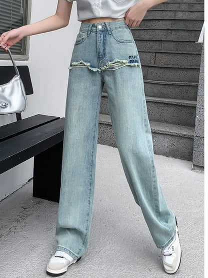 TAMBREET Jeans Spring Summer Long Pant Women Letter Embroidery Patchwork Fashion Ladies Trousers Korean Loose Casual Pleated Woman Pants