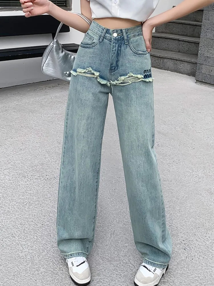 TAMBREET Jeans Spring Summer Long Pant Women Letter Embroidery Patchwork Fashion Ladies Trousers Korean Loose Casual Pleated Woman Pants