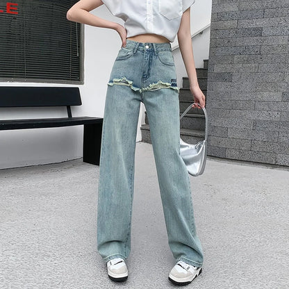 TAMBREET Jeans Spring Summer Long Pant Women Letter Embroidery Patchwork Fashion Ladies Trousers Korean Loose Casual Pleated Woman Pants