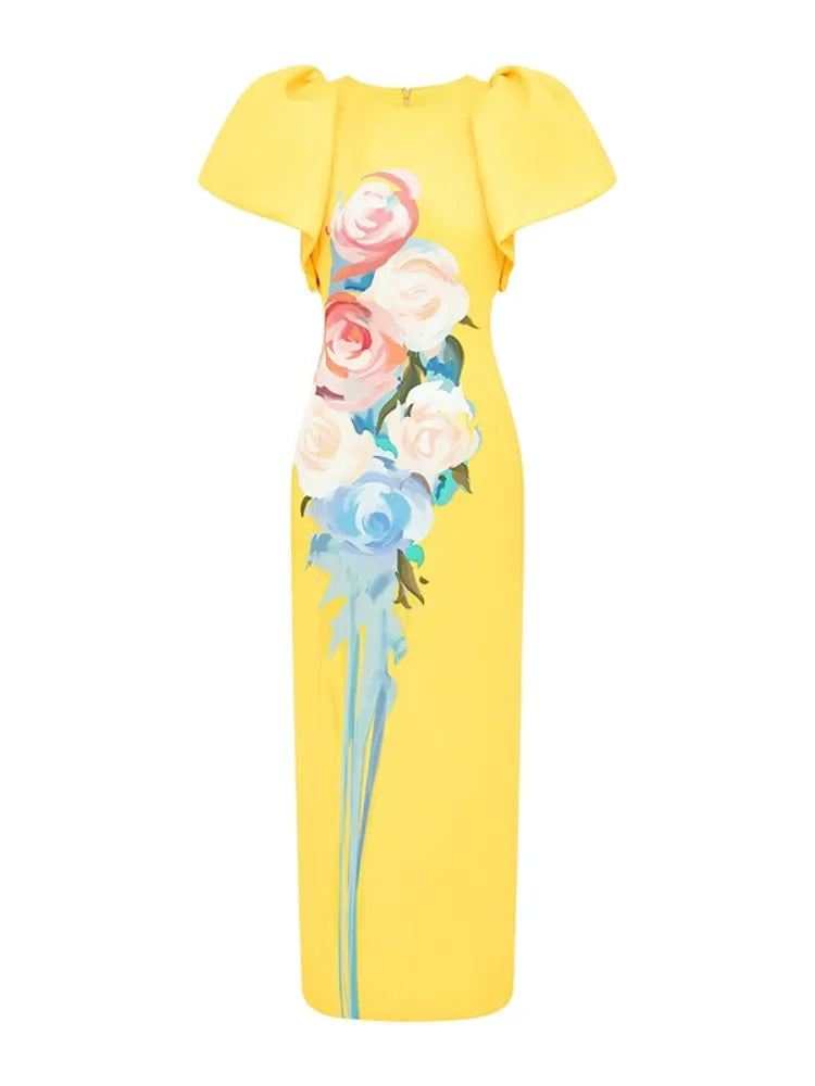 TAMBREET Jennifer Flower Printed Yellow Dress for Women Round Neck Short Puff Sleeve Straight Dress Maxi Dresses for Women 2024