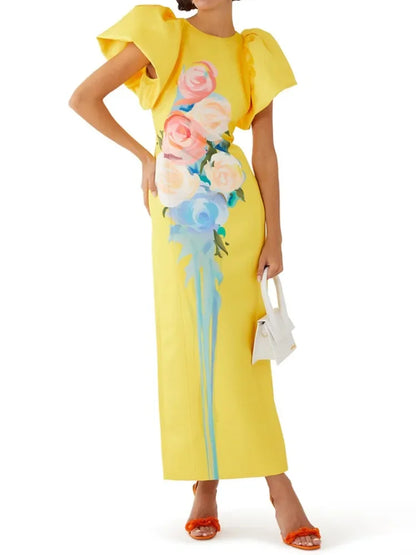 TAMBREET Jennifer Flower Printed Yellow Dress for Women Round Neck Short Puff Sleeve Straight Dress Maxi Dresses for Women 2024