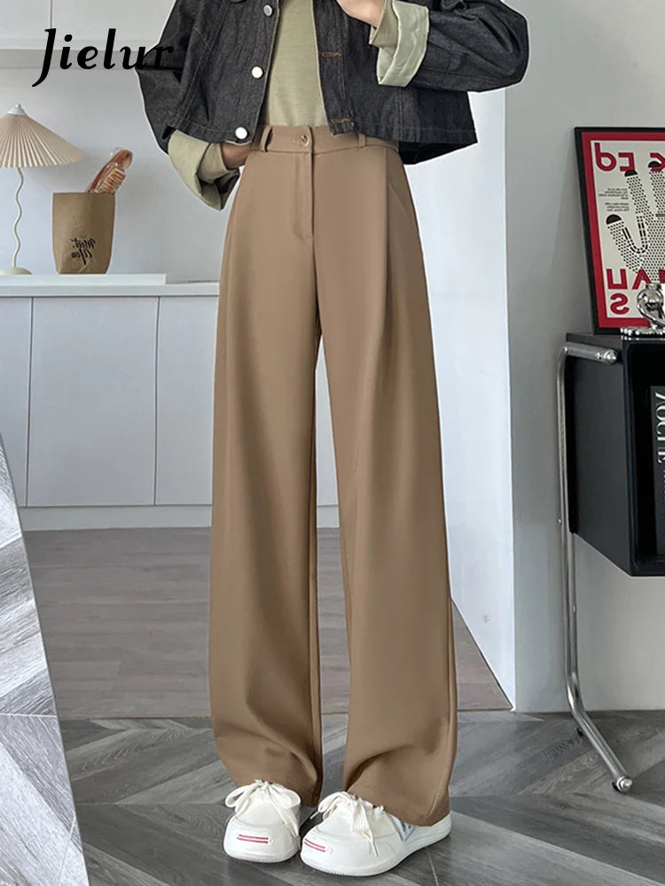 TAMBREET Jielur Grey Khaki Suit Trousers for Women New Korean High-waisted Casual Pants for Women Straight Leg Baggy Pants Female Y2K