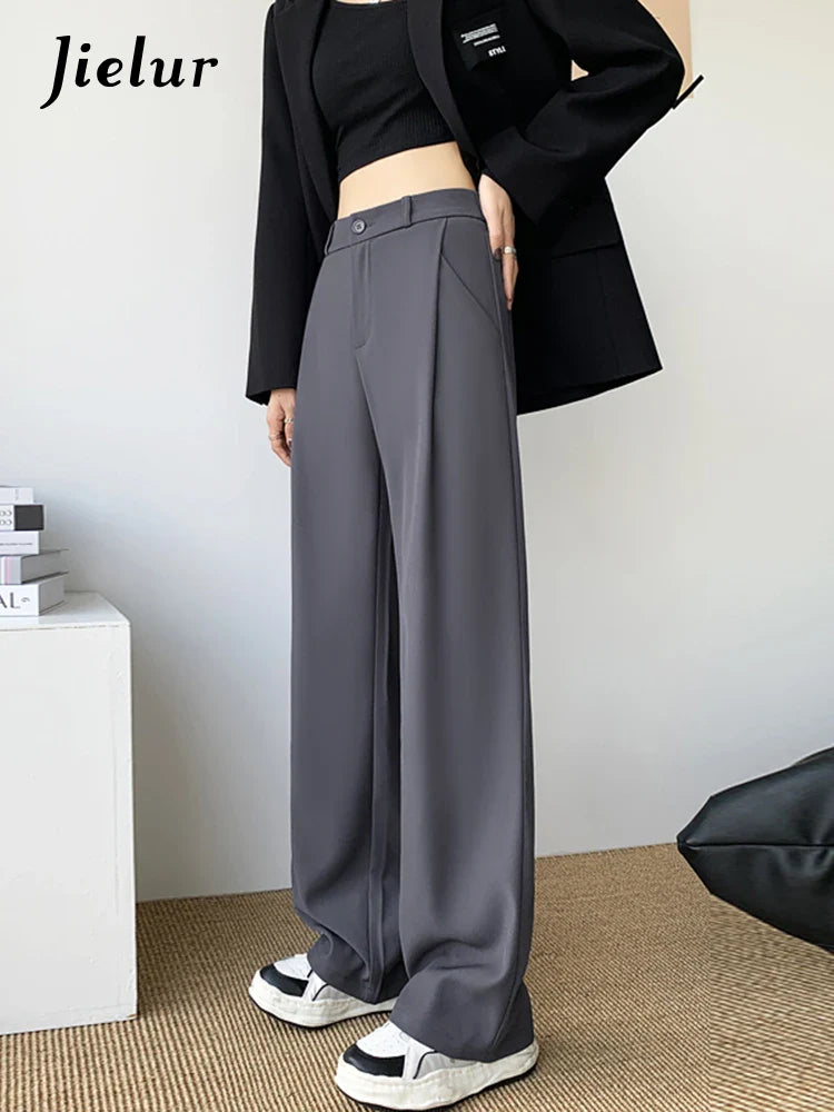 TAMBREET Jielur Grey Khaki Suit Trousers for Women New Korean High-waisted Casual Pants for Women Straight Leg Baggy Pants Female Y2K