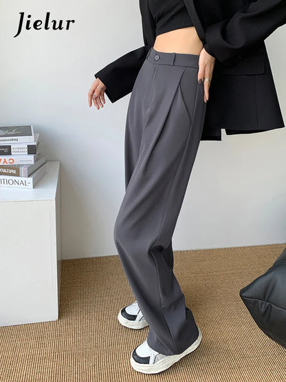 TAMBREET Jielur Grey Khaki Suit Trousers for Women New Korean High-waisted Casual Pants for Women Straight Leg Baggy Pants Female Y2K