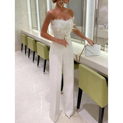 TAMBREET Jumpsuit for Women Fashion Solid Long Jumpsuit Sexy Feather Strapless Slash Neck Evening  Party Jumpsuits Elegant Lady Jumpsuit