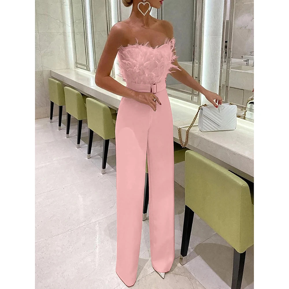 TAMBREET Jumpsuit for Women Fashion Solid Long Jumpsuit Sexy Feather Strapless Slash Neck Evening  Party Jumpsuits Elegant Lady Jumpsuit