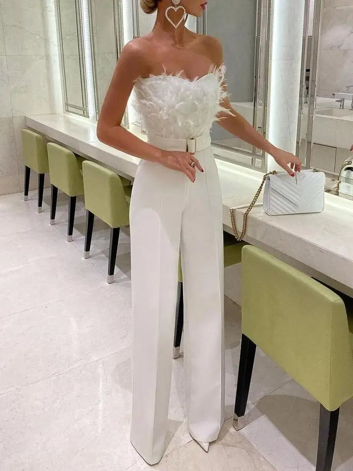 TAMBREET Jumpsuit for Women Fashion Solid Long Jumpsuit Sexy Feather Strapless Slash Neck Evening  Party Jumpsuits Elegant Lady Jumpsuit