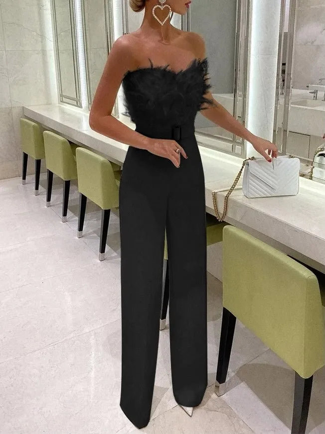 TAMBREET Jumpsuit for Women Fashion Solid Long Jumpsuit Sexy Feather Strapless Slash Neck Evening  Party Jumpsuits Elegant Lady Jumpsuit