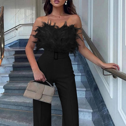 TAMBREET Jumpsuit for Women Fashion Solid Long Jumpsuit Sexy Feather Strapless Slash Neck Evening  Party Jumpsuits Elegant Lady Jumpsuit