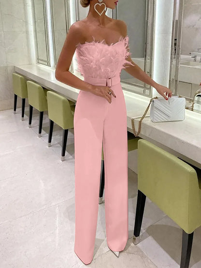 TAMBREET Jumpsuit for Women Fashion Solid Long Jumpsuit Sexy Feather Strapless Slash Neck Evening  Party Jumpsuits Elegant Lady Jumpsuit