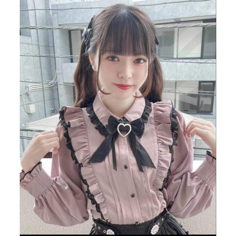 TAMBREET Kawaii Women Shirts Jirai Kei Lolita Y2K Cute Japanese Style Blouse Elegant Long Sleeve Sweet Tops Casual Aesthetic Shirt 2024