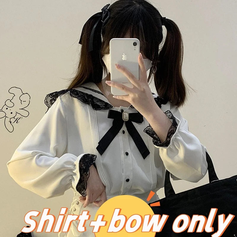 TAMBREET Kawaii Women Shirts Jirai Kei Lolita Y2K Cute Japanese Style Blouse Elegant Long Sleeve Sweet Tops Casual Aesthetic Shirt 2024