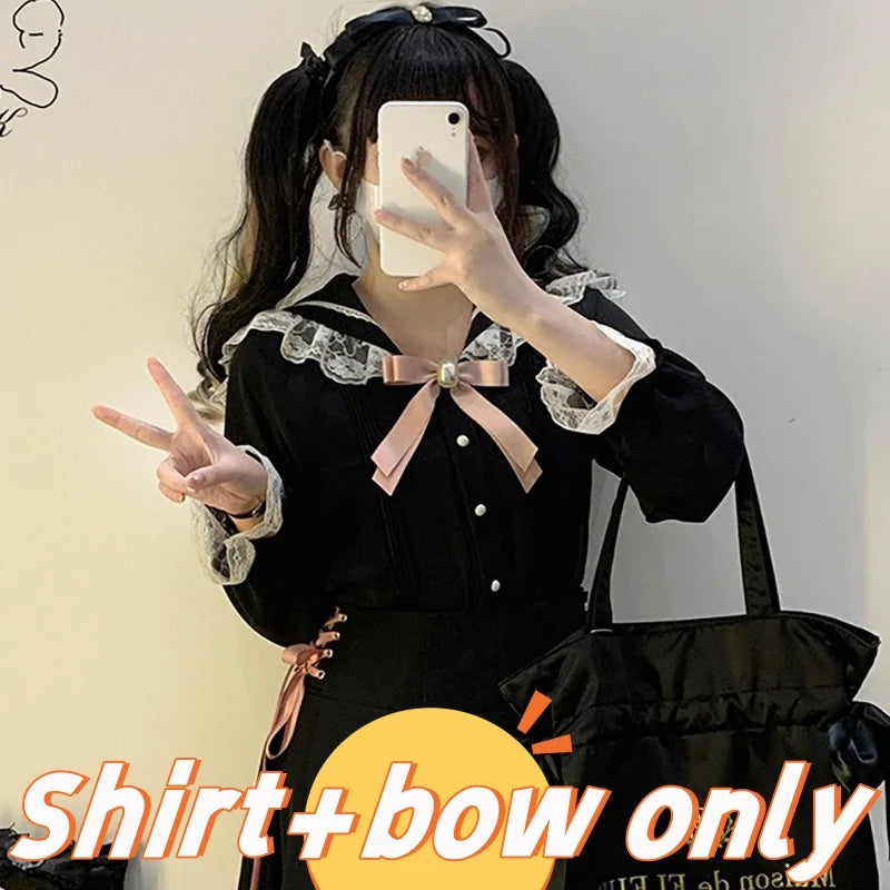 TAMBREET Kawaii Women Shirts Jirai Kei Lolita Y2K Cute Japanese Style Blouse Elegant Long Sleeve Sweet Tops Casual Aesthetic Shirt 2024