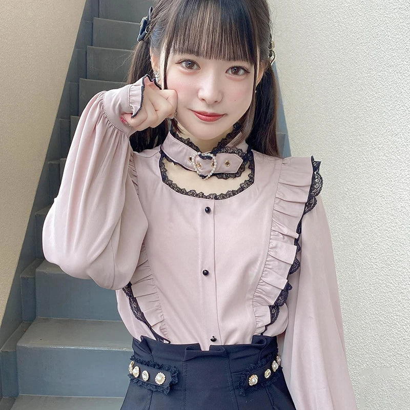 TAMBREET Kawaii Women Shirts Jirai Kei Lolita Y2K Cute Japanese Style Blouse Elegant Long Sleeve Sweet Tops Casual Aesthetic Shirt 2024