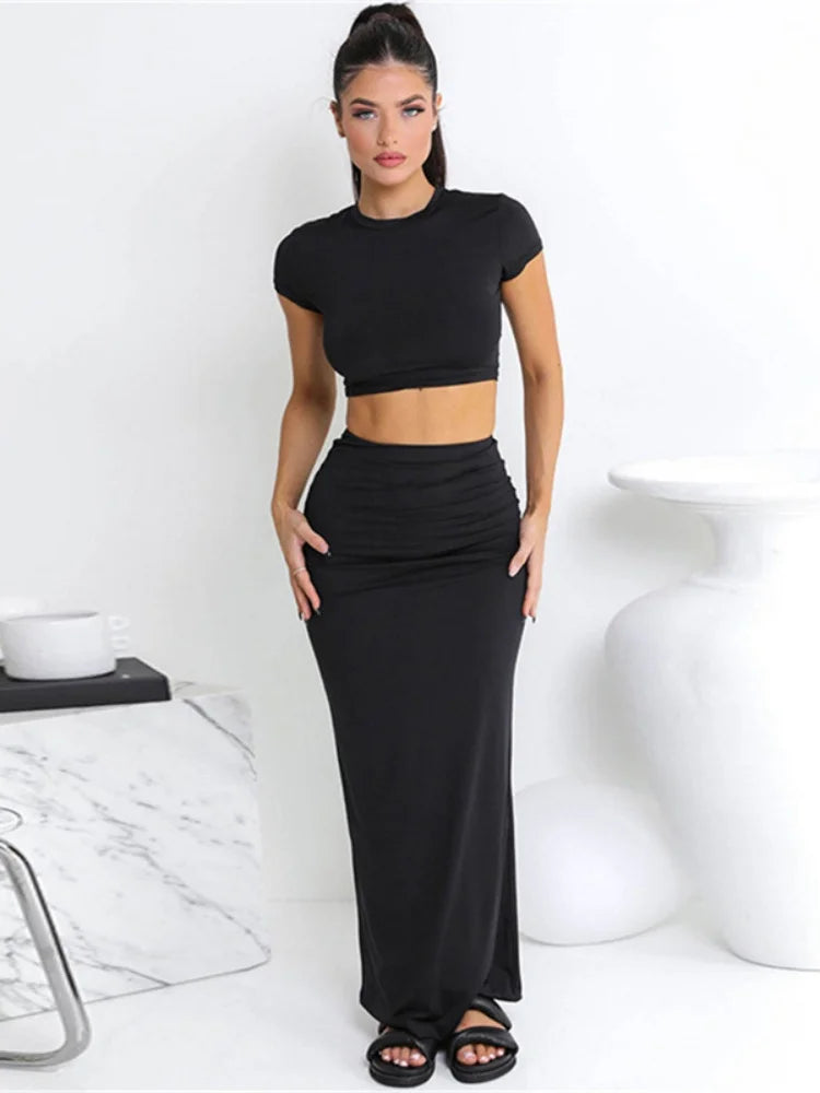 TAMBREET Kliou Casual Solid Two Piece Set Women Hipster Short Sleeve O-neck T-shirts + Matching Hip Skirts Female Bare Midriff Streetwear